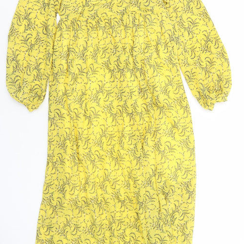 Nakd Womens Yellow Floral Polyester A-Line Size 6 V-Neck Pullover - Tie Neck Detail