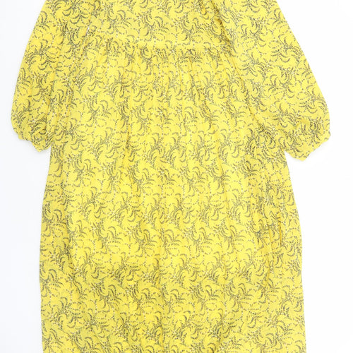 Nakd Womens Yellow Floral Polyester A-Line Size 6 V-Neck Pullover - Tie Neck Detail