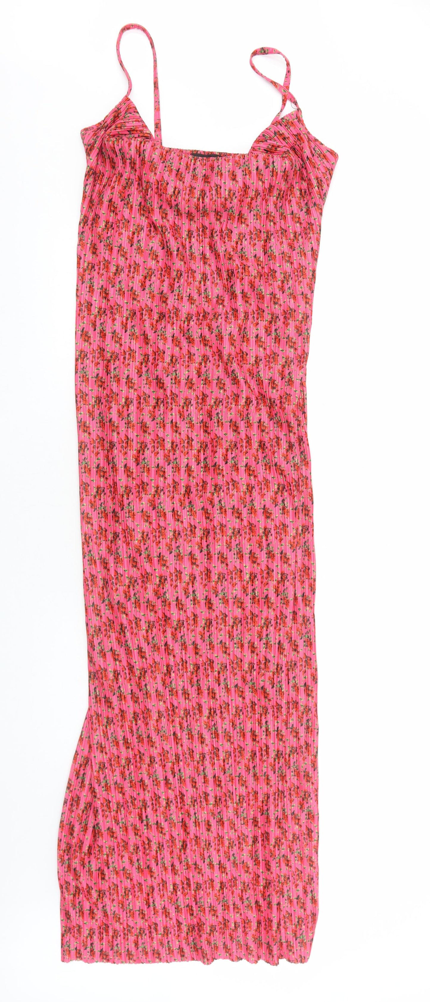 PRETTYLITTLETHING Womens Pink Floral Polyester Slip Dress Size 16 Scoop Neck Pullover - Plisse