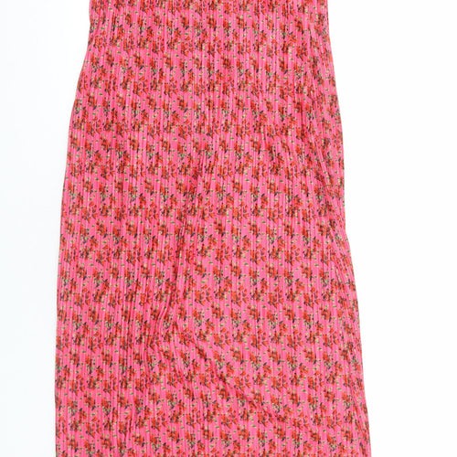 PRETTYLITTLETHING Womens Pink Floral Polyester Slip Dress Size 16 Scoop Neck Pullover - Plisse
