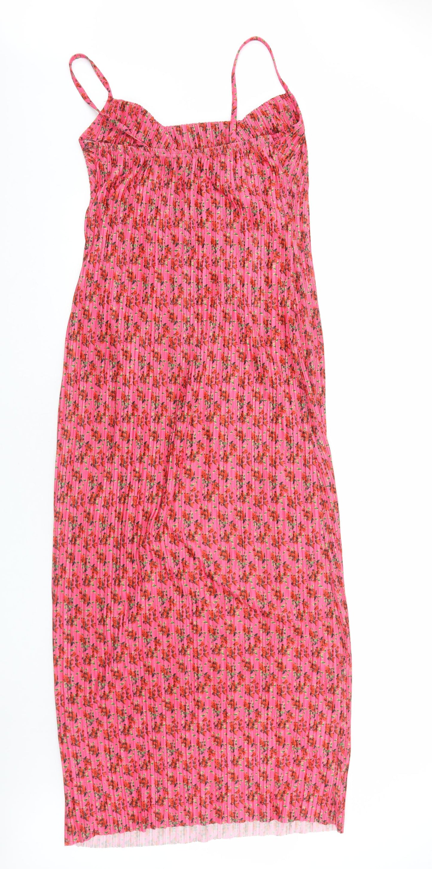 PRETTYLITTLETHING Womens Pink Floral Polyester Slip Dress Size 16 Scoop Neck Pullover - Plisse