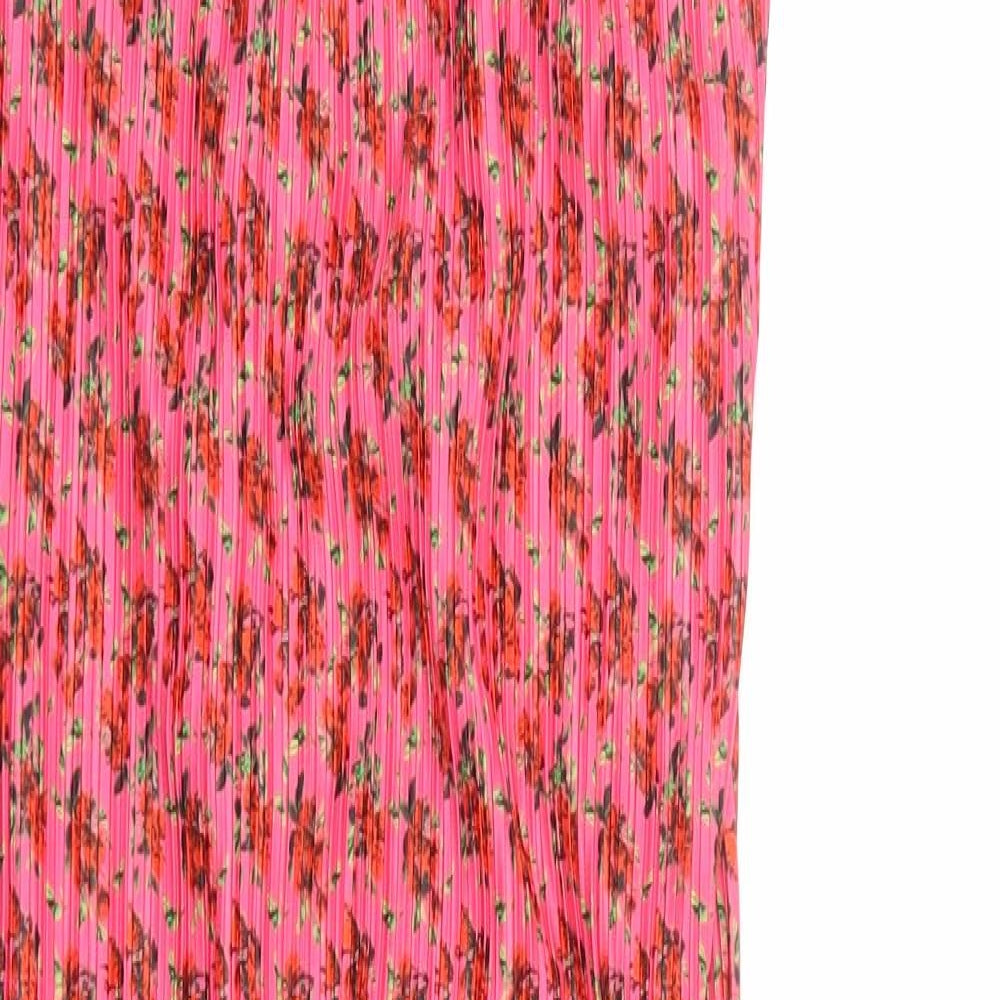 PRETTYLITTLETHING Womens Pink Floral Polyester Slip Dress Size 16 Scoop Neck Pullover - Plisse