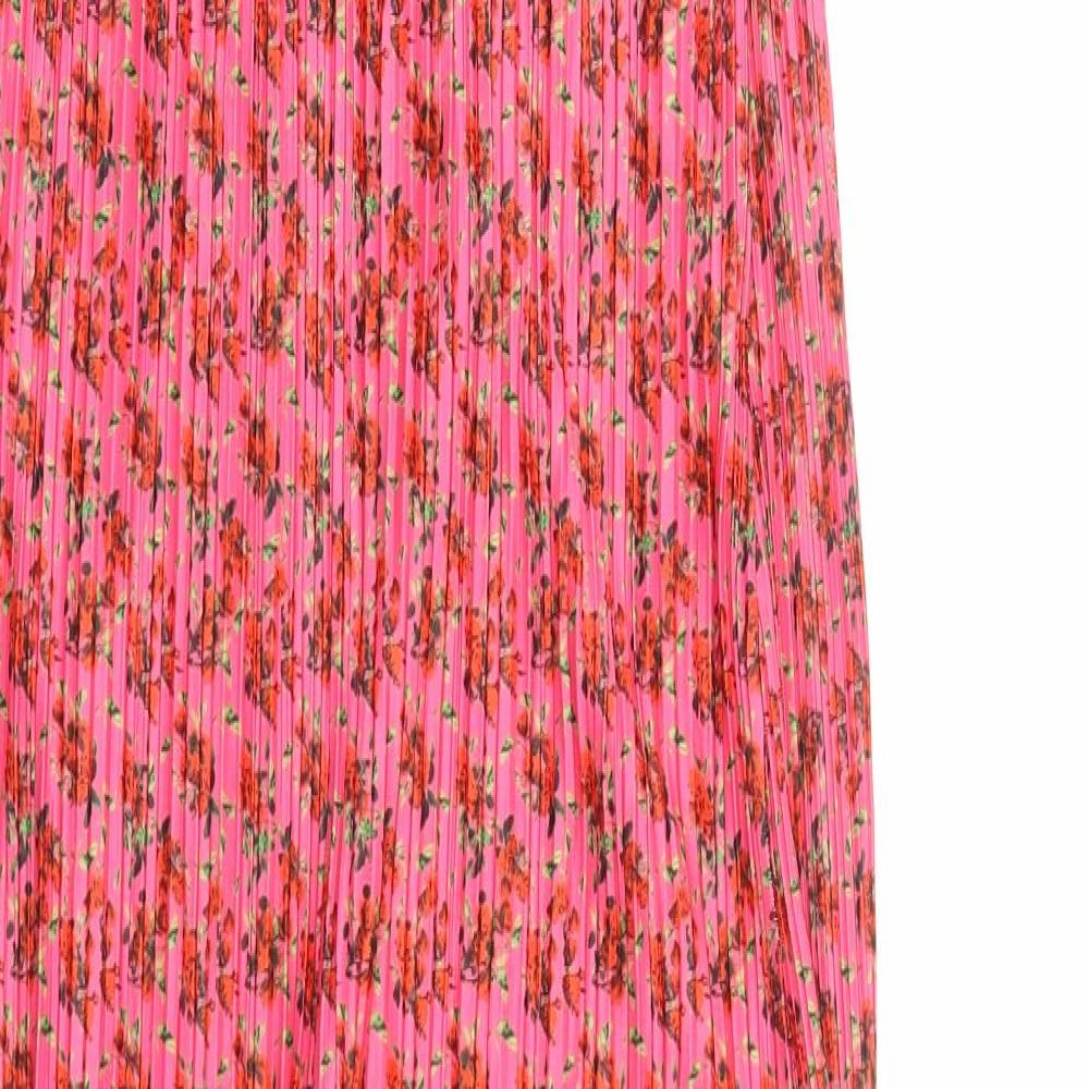 PRETTYLITTLETHING Womens Pink Floral Polyester Slip Dress Size 16 Scoop Neck Pullover - Plisse