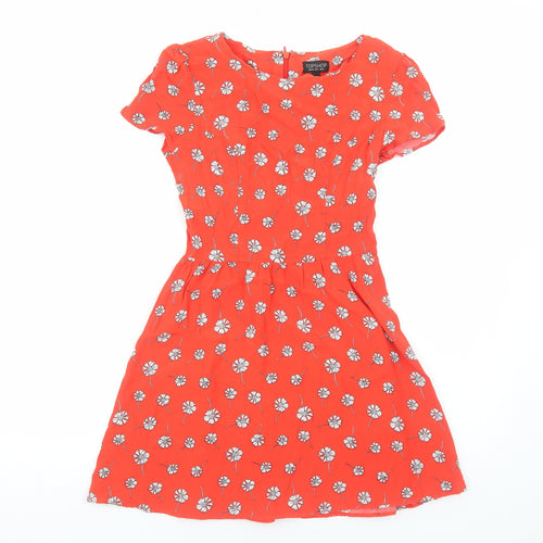 Topshop Womens Red Floral Polyester A-Line Size 8 Boat Neck Zip