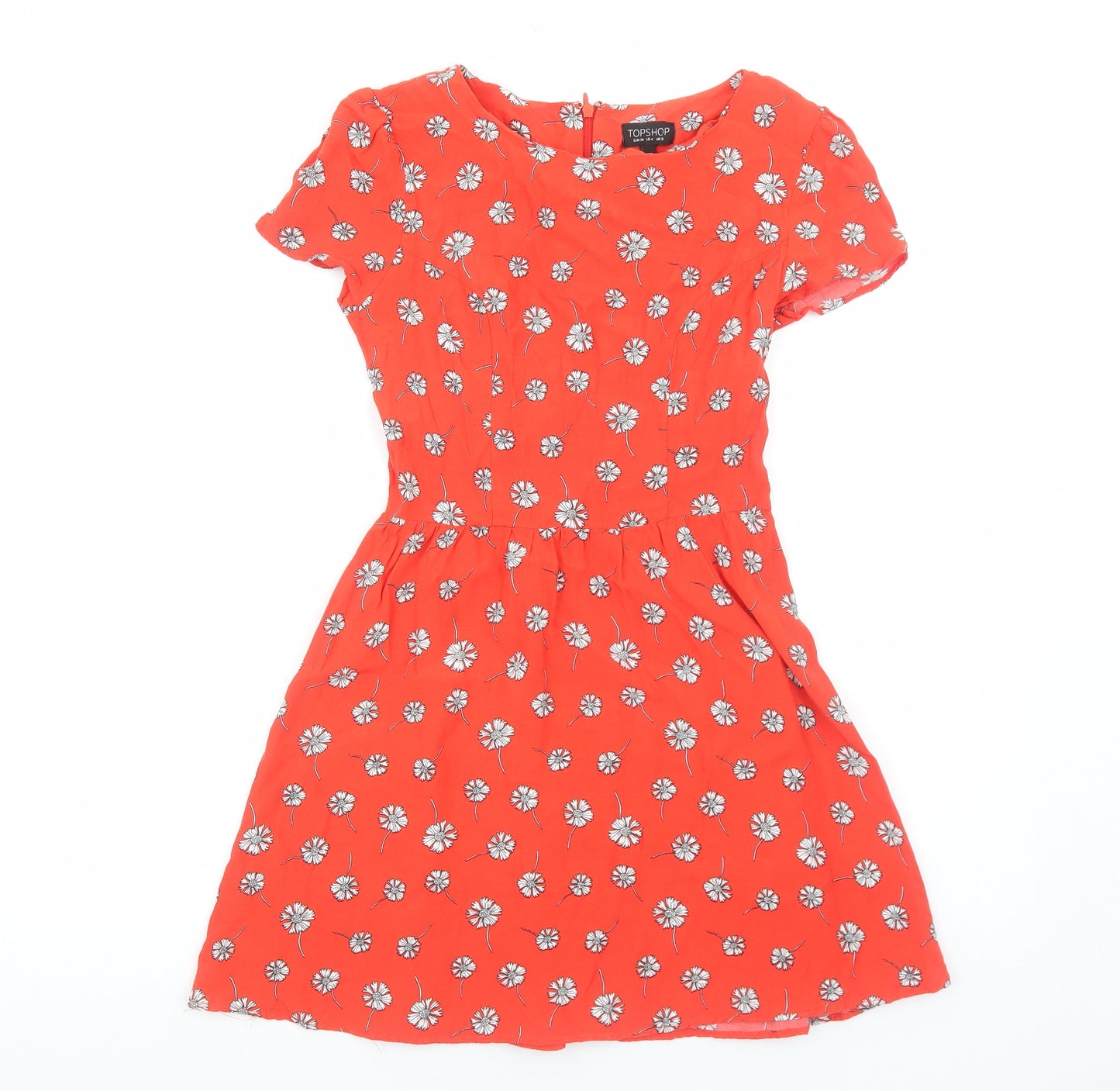 Topshop Womens Red Floral Polyester A-Line Size 8 Boat Neck Zip