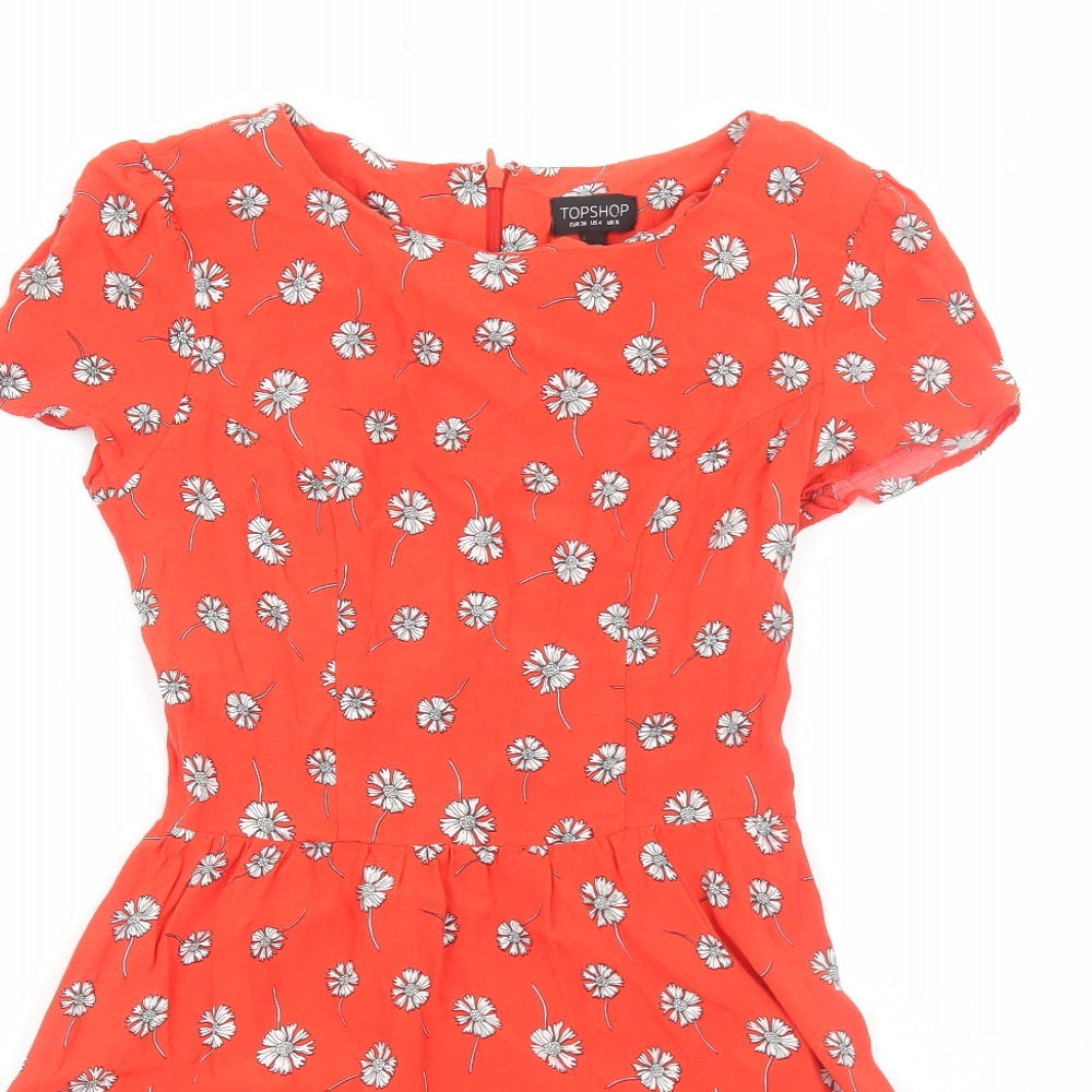 Topshop Womens Red Floral Polyester A-Line Size 8 Boat Neck Zip