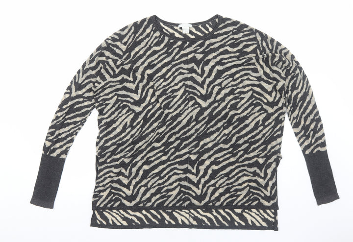 H&M Womens Grey Round Neck Animal Print Acrylic Pullover Jumper Size S - Zebra print