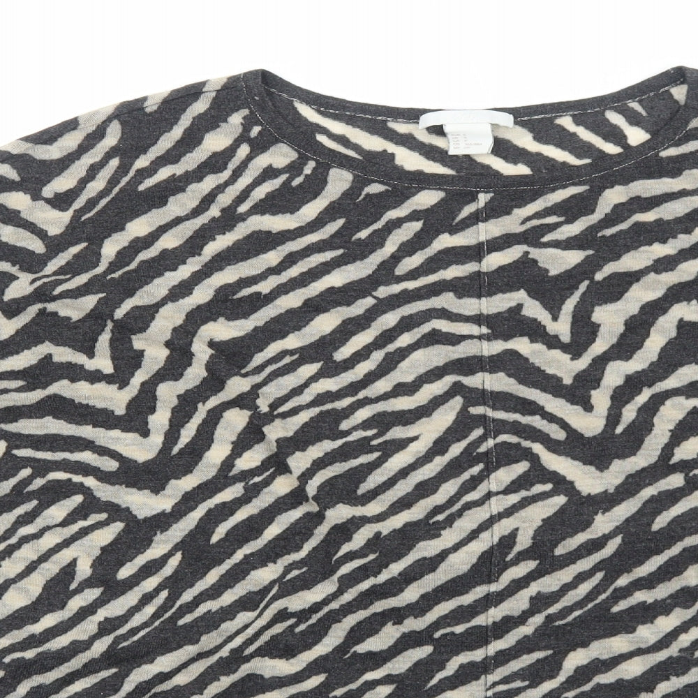 H&M Womens Grey Round Neck Animal Print Acrylic Pullover Jumper Size S - Zebra print