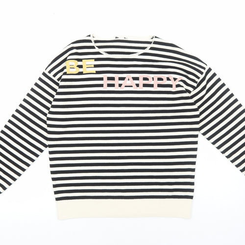 M&Co Womens Black Round Neck Striped Acrylic Pullover Jumper Size 12 - Happy