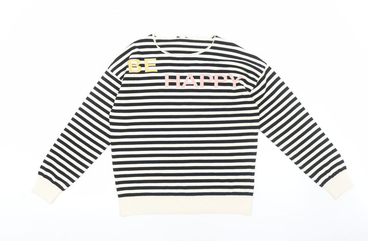 M&Co Womens Black Round Neck Striped Acrylic Pullover Jumper Size 12 - Happy