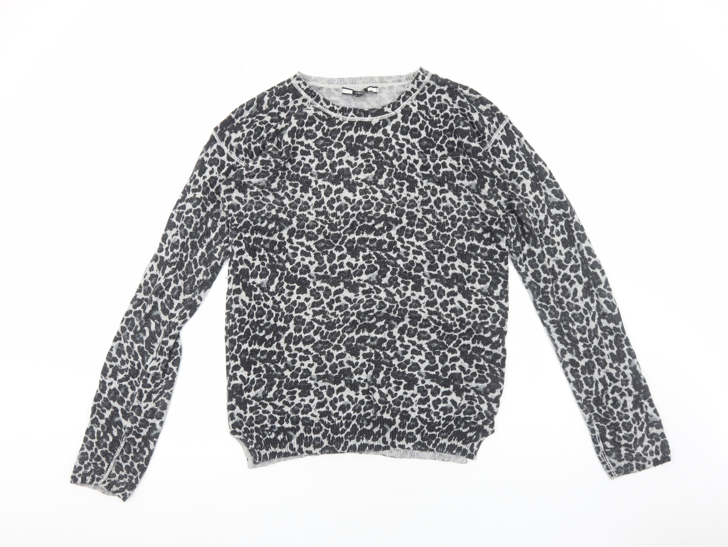 NEXT Womens Grey Round Neck Animal Print Viscose Pullover Jumper Size 12 - Leopard print