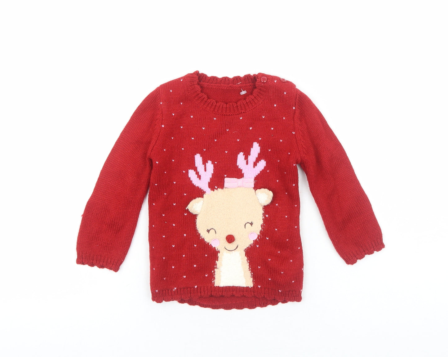 George Girls Red Acrylic Pullover Jumper Size 9-12 Months Pullover - Christmas Reindeer