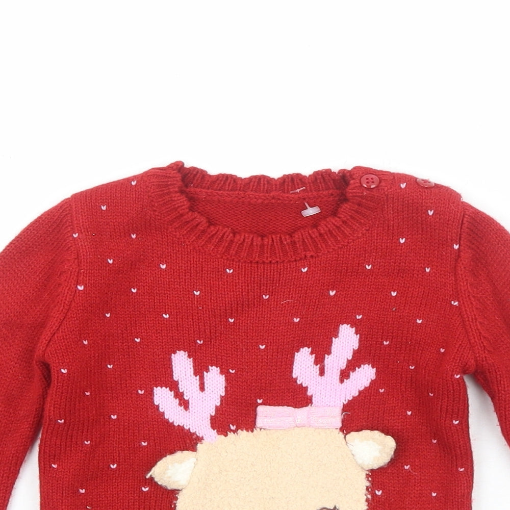 George Girls Red Acrylic Pullover Jumper Size 9-12 Months Pullover - Christmas Reindeer