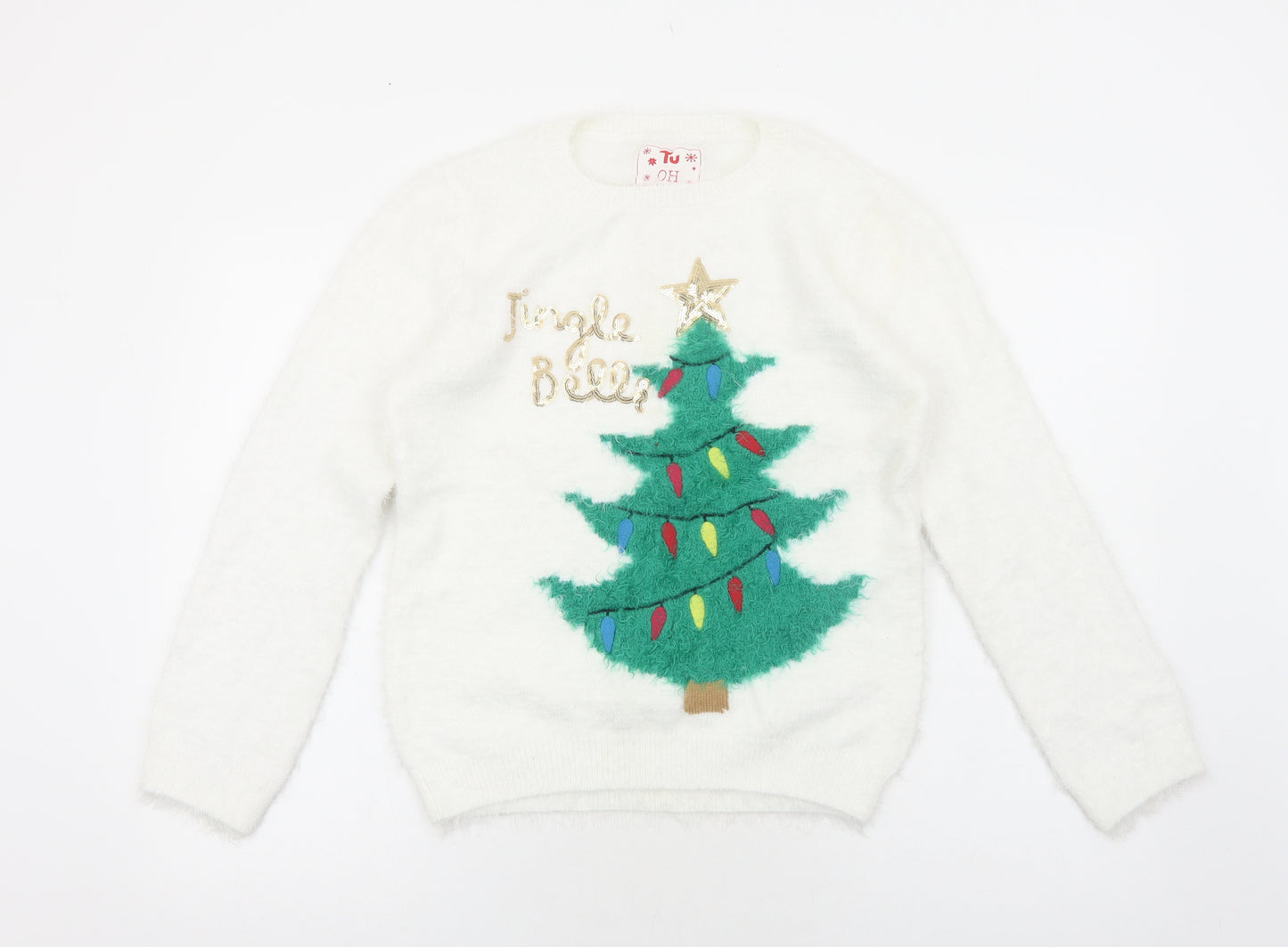 TU Girls White Round Neck Polyamide Pullover Jumper Size 14 Years Pullover - Jingle Bells