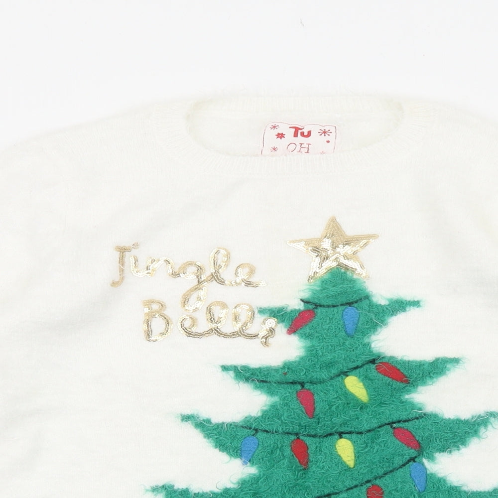 TU Girls White Round Neck Polyamide Pullover Jumper Size 14 Years Pullover - Jingle Bells