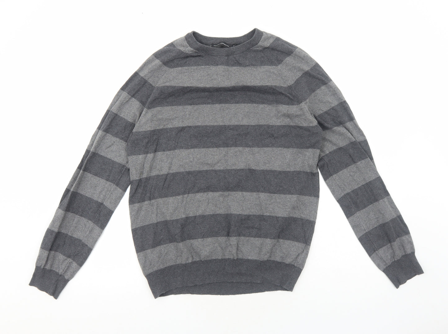 French Connection Mens Grey Crew Neck Striped Cotton Pullover Jumper Size M Long Sleeve