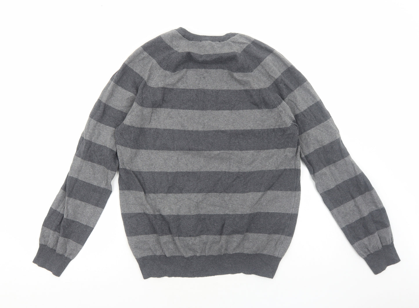 French Connection Mens Grey Crew Neck Striped Cotton Pullover Jumper Size M Long Sleeve