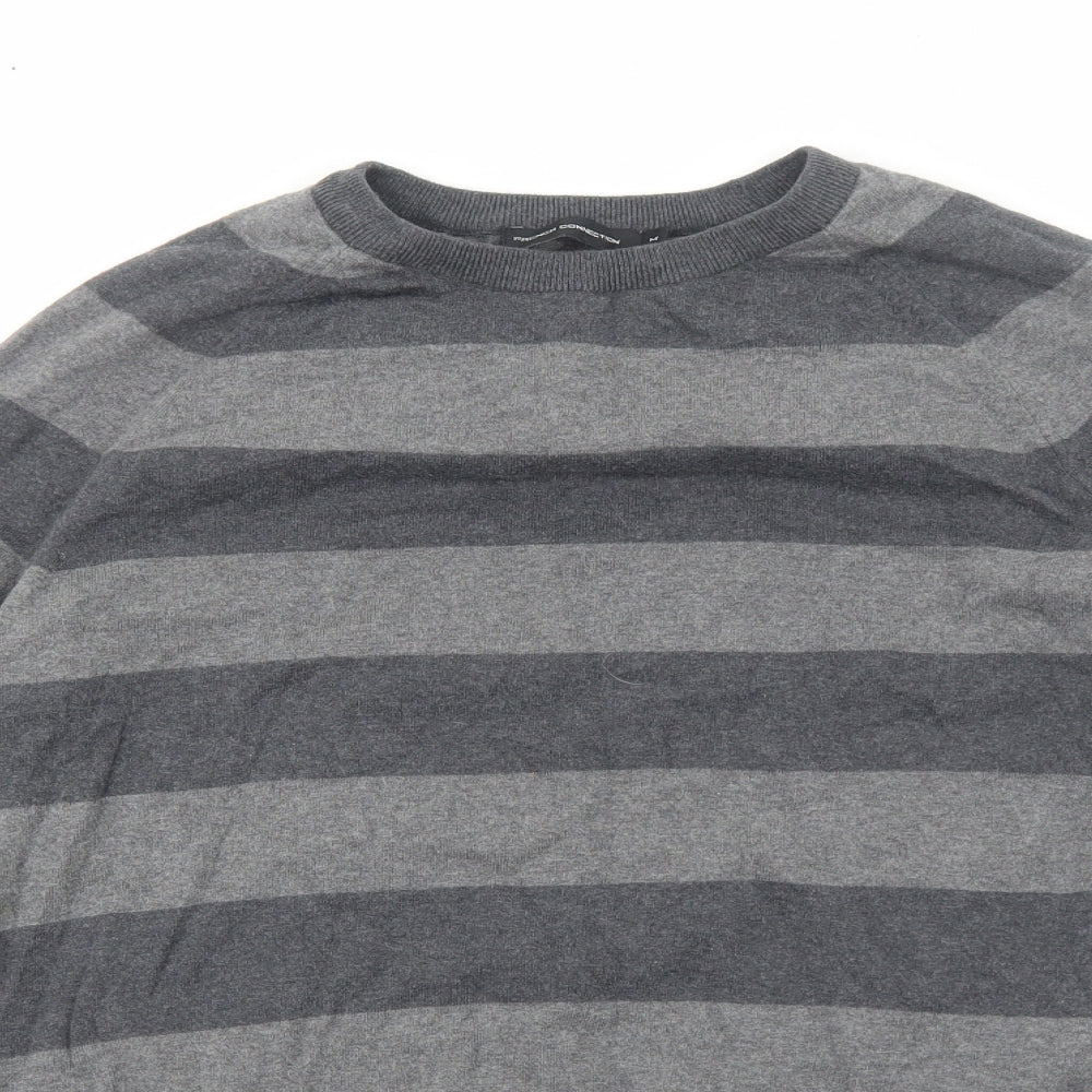 French Connection Mens Grey Crew Neck Striped Cotton Pullover Jumper Size M Long Sleeve