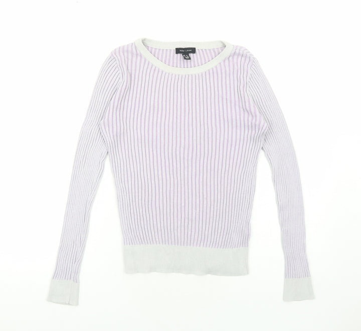 New Look Womens Purple Round Neck Striped Cotton Pullover Jumper Size 8