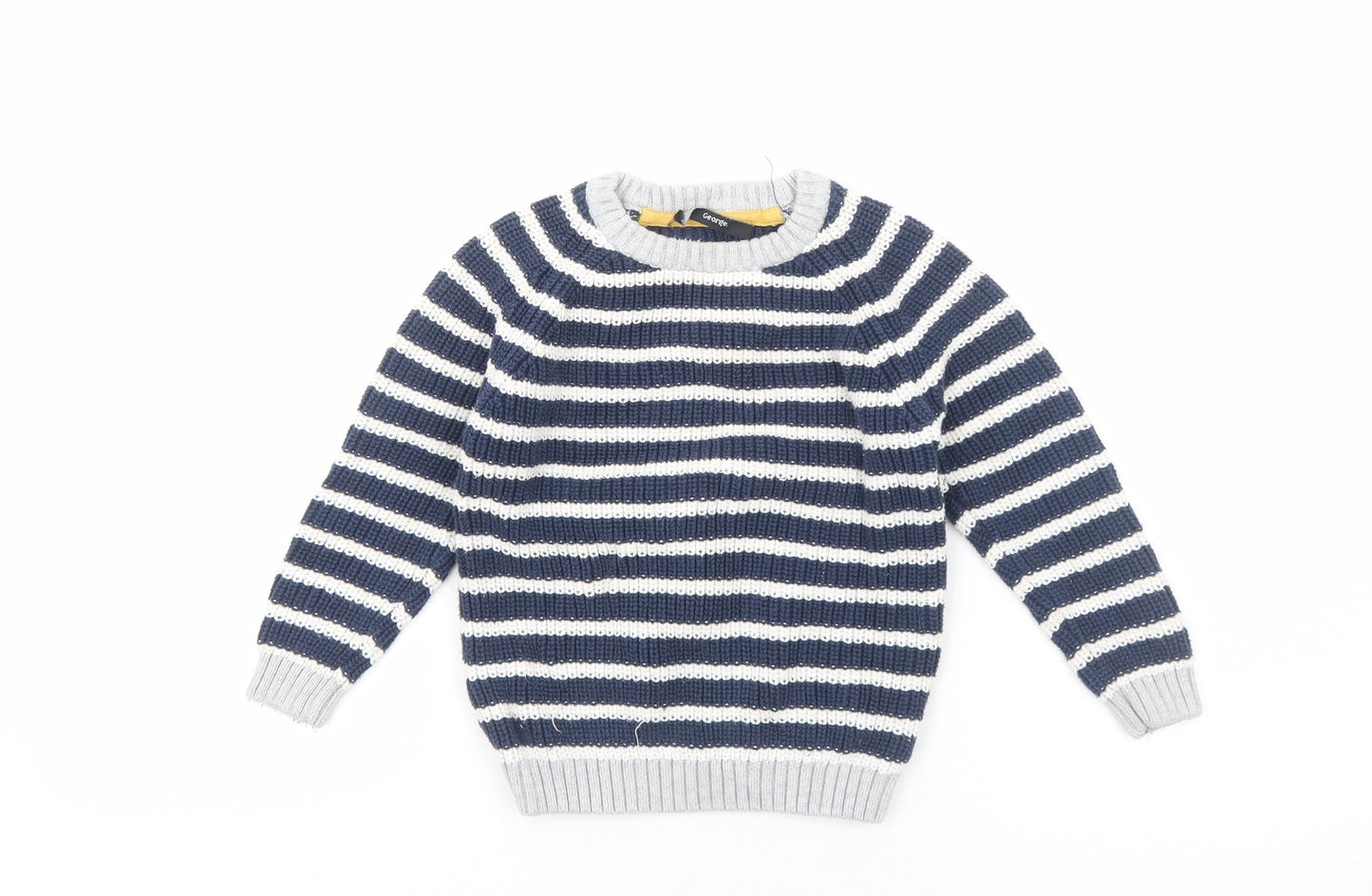 George Boys Blue Round Neck Striped Cotton Pullover Jumper Size 3-4 Years Pullover
