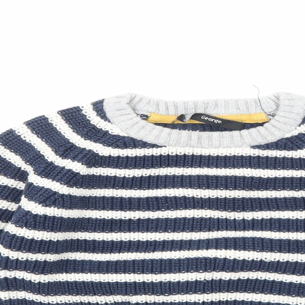 George Boys Blue Round Neck Striped Cotton Pullover Jumper Size 3-4 Years Pullover