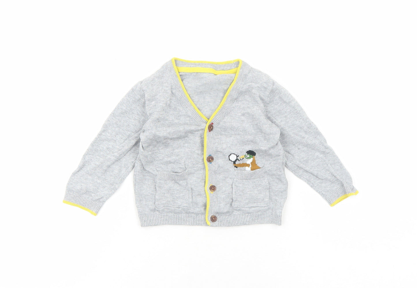 Marks and Spencer Boys Grey Cotton Cardigan Jumper Size 6-9 Months Button - Contrasting Trim