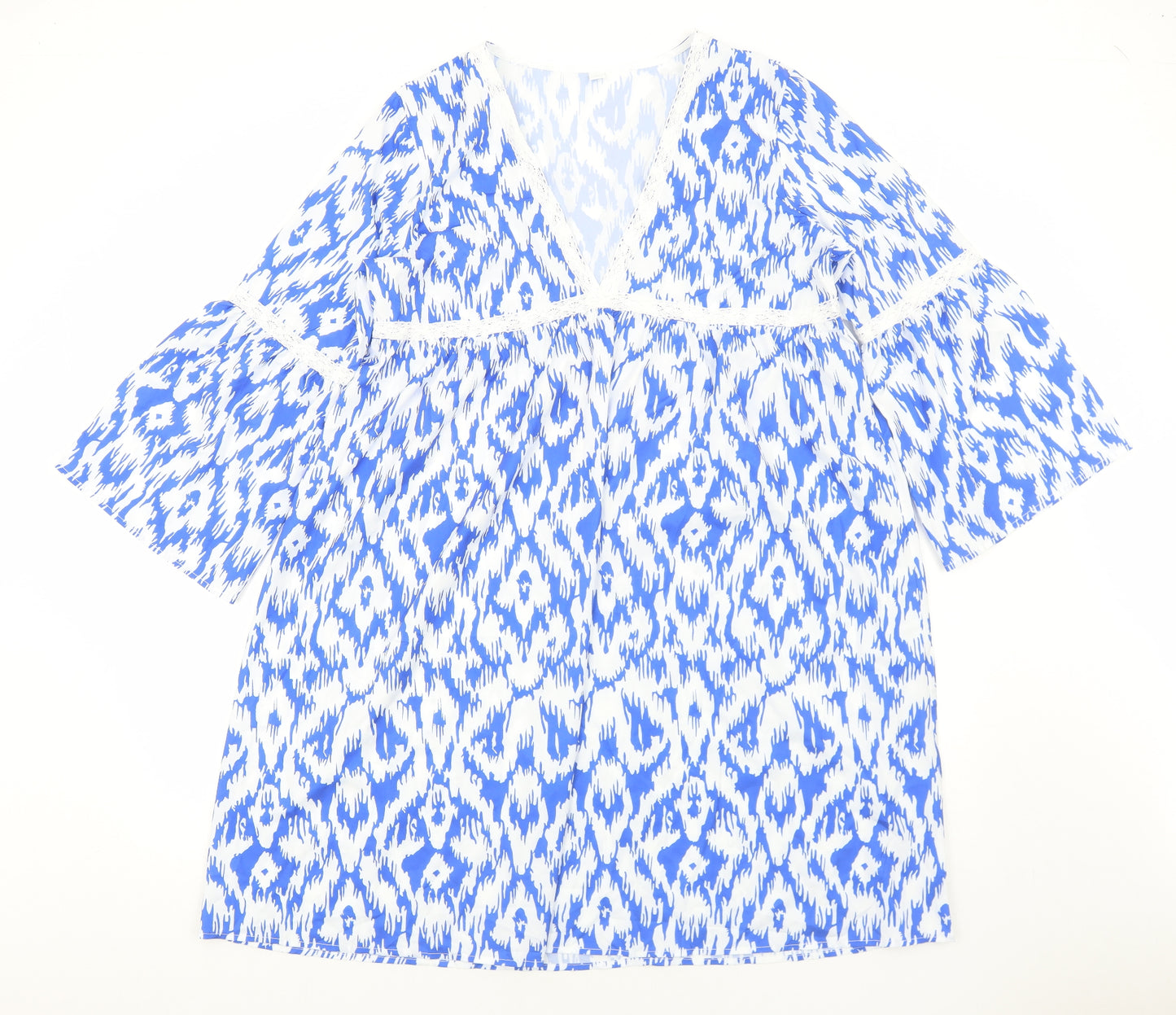 Preworn Womens Blue Geometric Polyester Kaftan Size L V-Neck Pullover