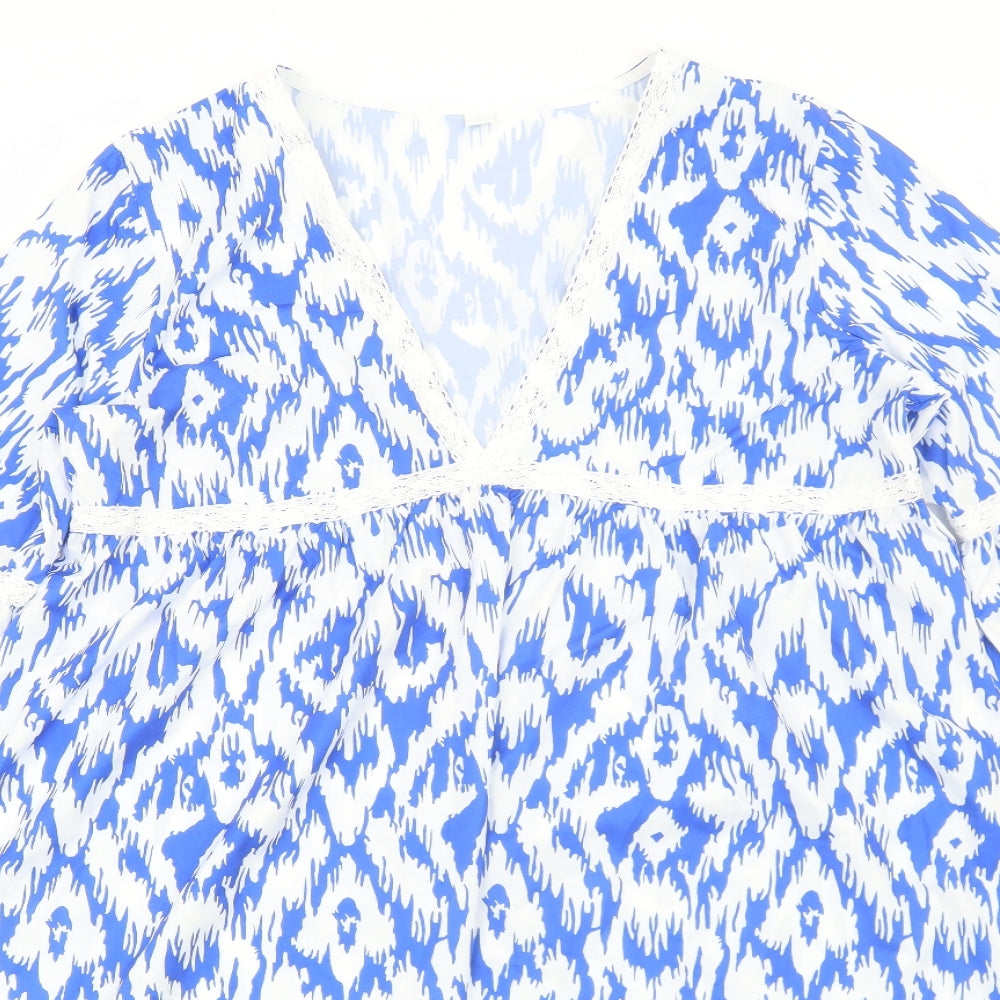 Preworn Womens Blue Geometric Polyester Kaftan Size L V-Neck Pullover