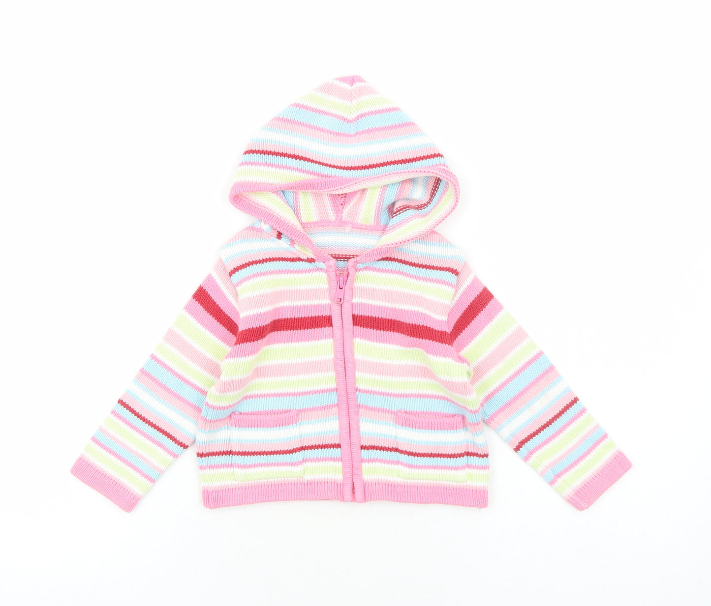 Marks and Spencer Girls Pink Striped Cotton Full Zip Jumper Size 12-18 Months Zip