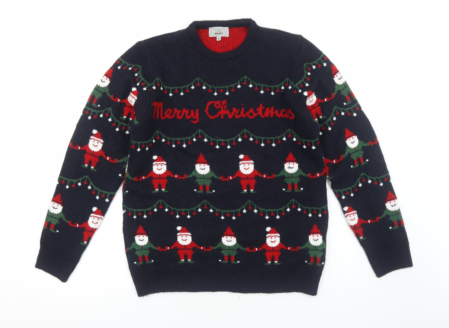 Marks and Spencer Mens Blue Crew Neck Geometric Acrylic Pullover Jumper Size M Long Sleeve - Christmas Santa