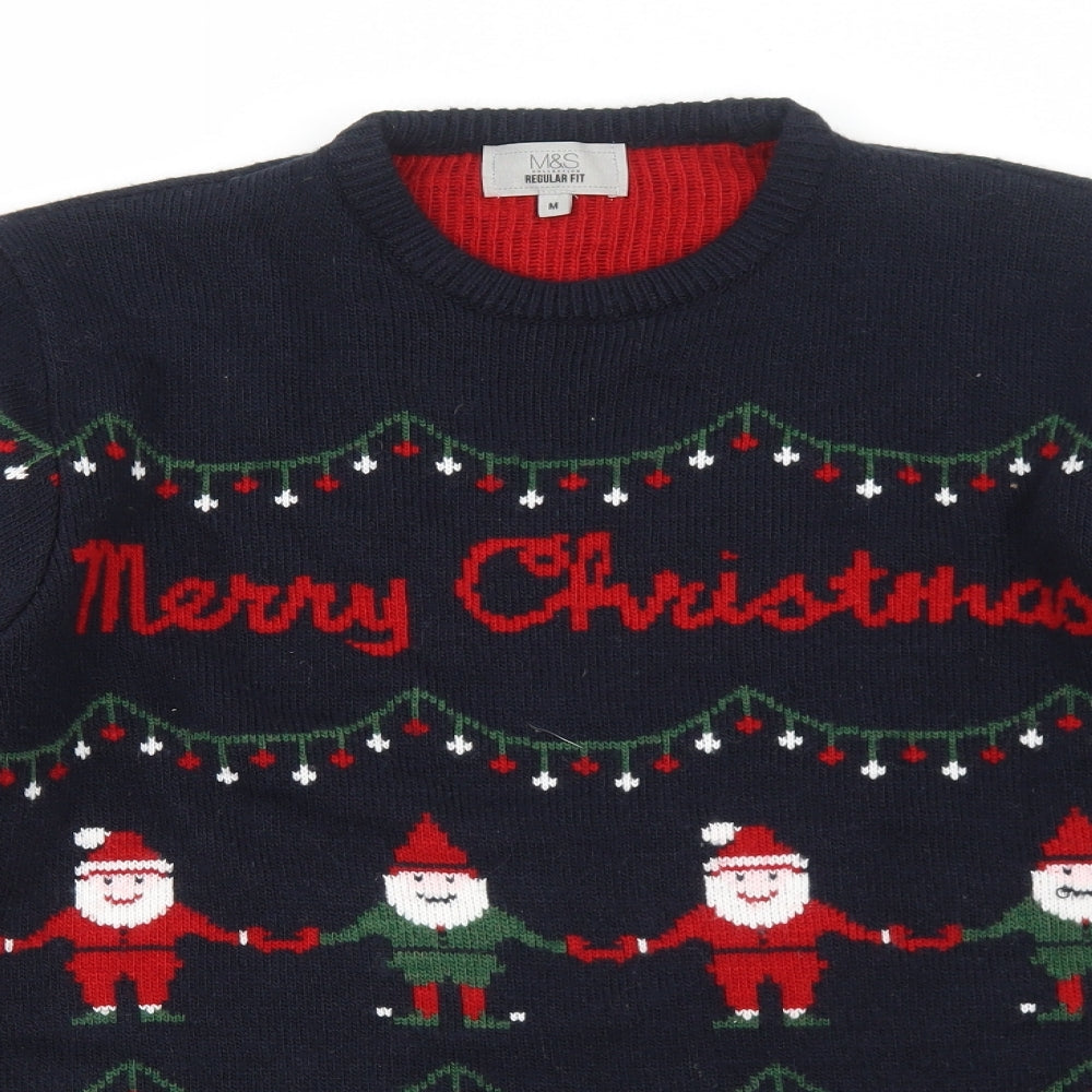 Marks and Spencer Mens Blue Crew Neck Geometric Acrylic Pullover Jumper Size M Long Sleeve - Christmas Santa