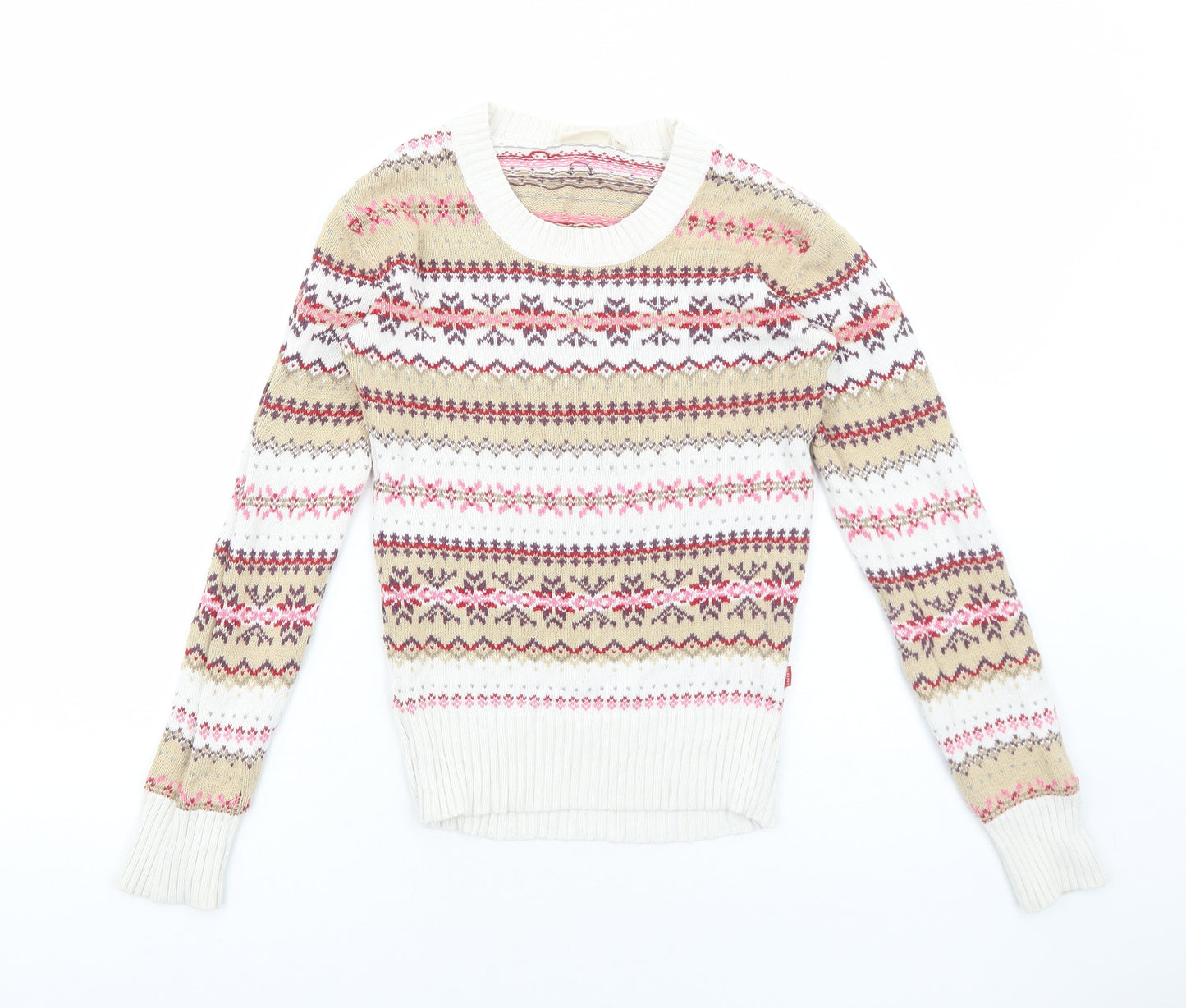 Vackpot Womens Beige Scoop Neck Fair Isle Acrylic Pullover Jumper Size S