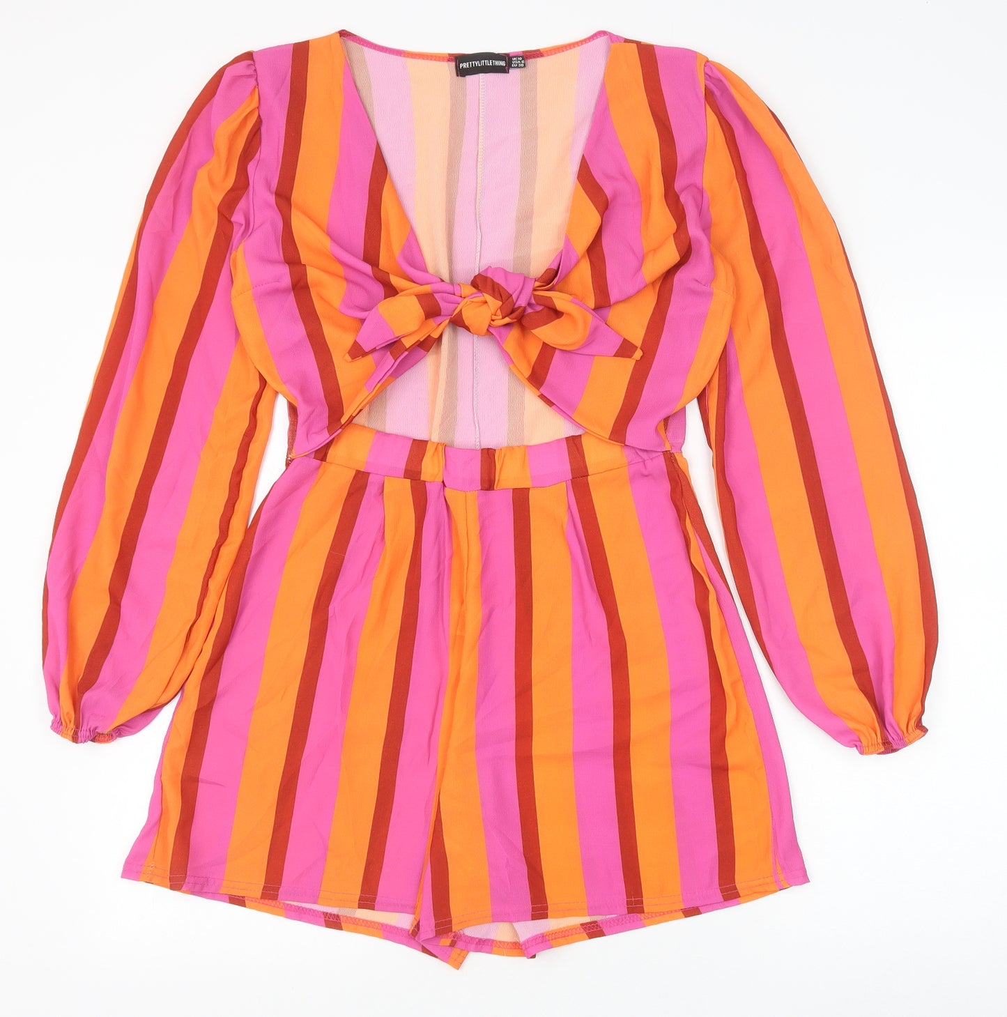 PRETTYLITTLETHING Womens Multicoloured Striped Polyester Playsuit One-Piece Size 10 Tie - Cut Out