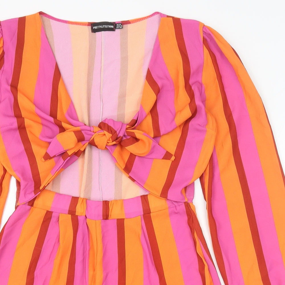 PRETTYLITTLETHING Womens Multicoloured Striped Polyester Playsuit One-Piece Size 10 Tie - Cut Out