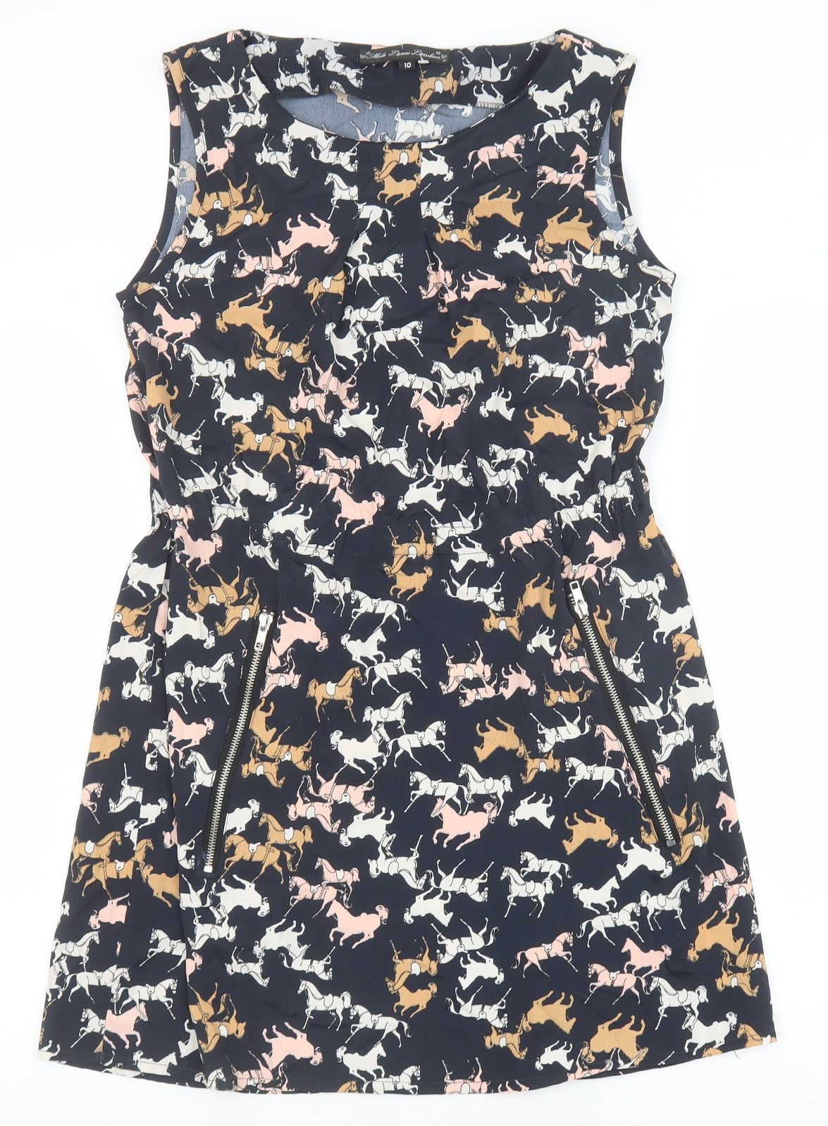 Mela London Womens Black Geometric Polyester A-Line Size 10 Boat Neck Pullover - Horse Print