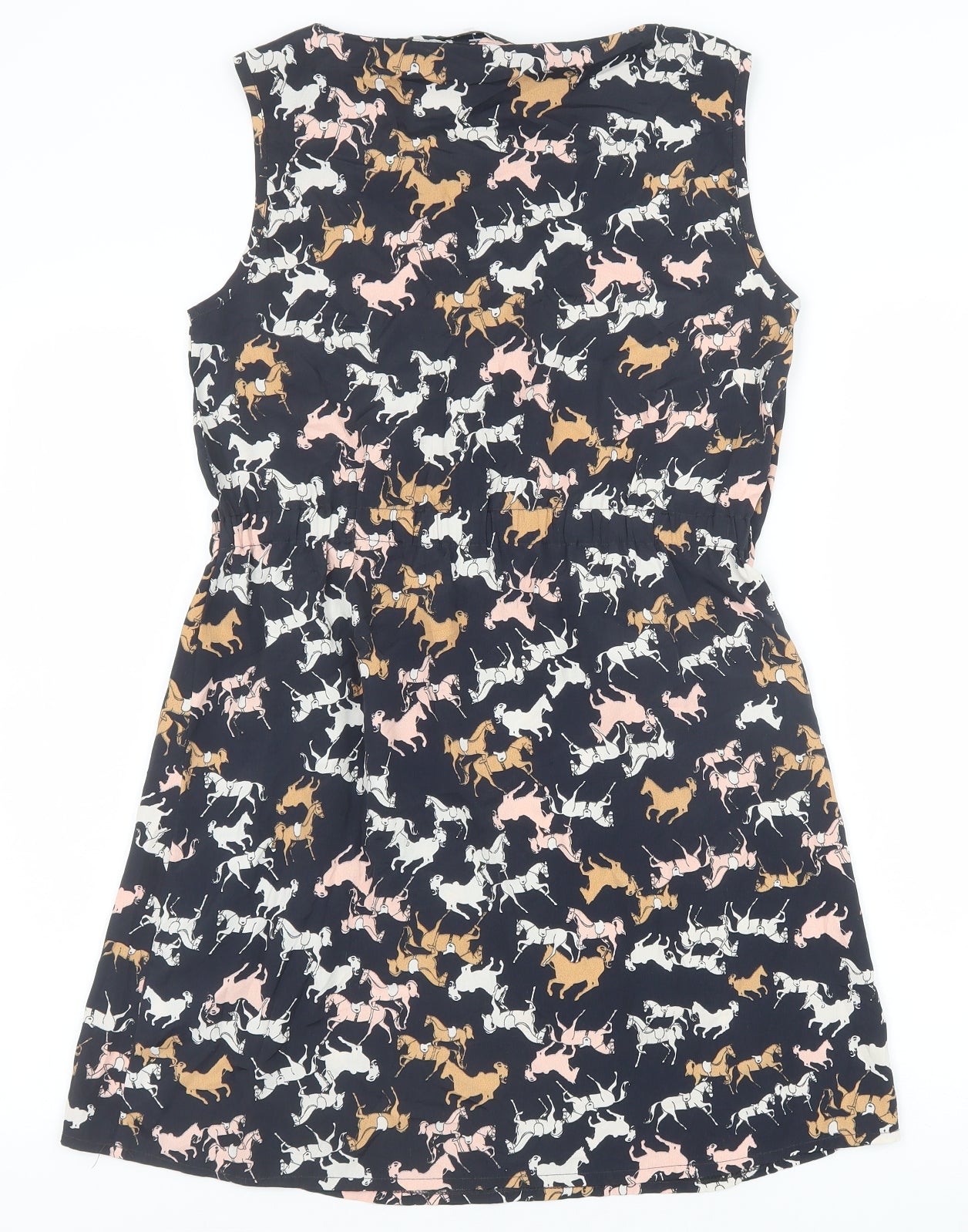 Mela London Womens Black Geometric Polyester A-Line Size 10 Boat Neck Pullover - Horse Print