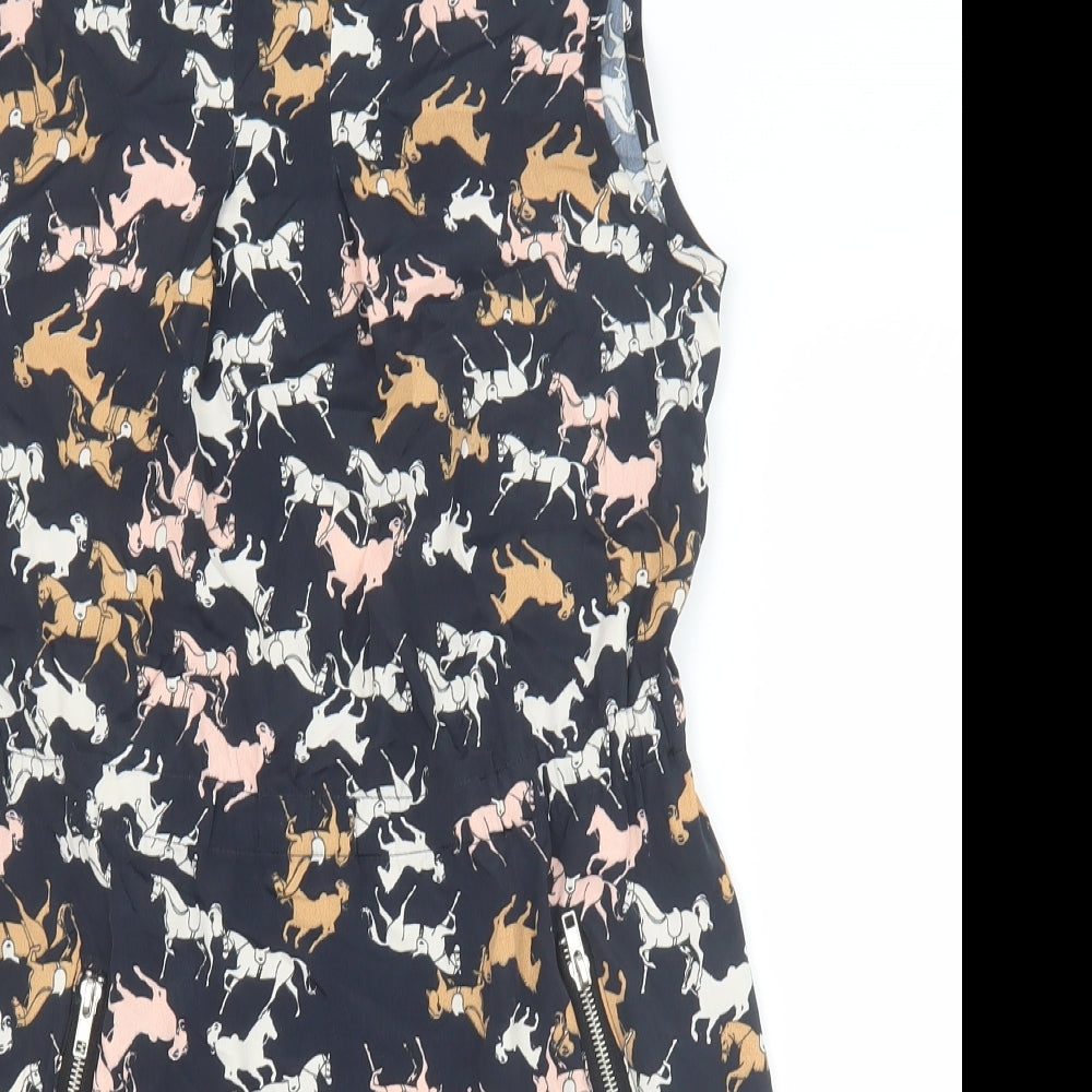 Mela London Womens Black Geometric Polyester A-Line Size 10 Boat Neck Pullover - Horse Print