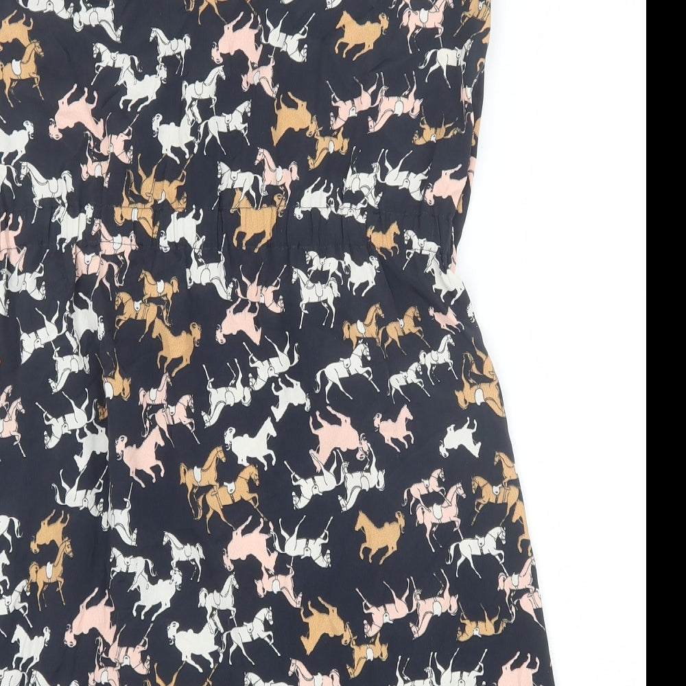 Mela London Womens Black Geometric Polyester A-Line Size 10 Boat Neck Pullover - Horse Print