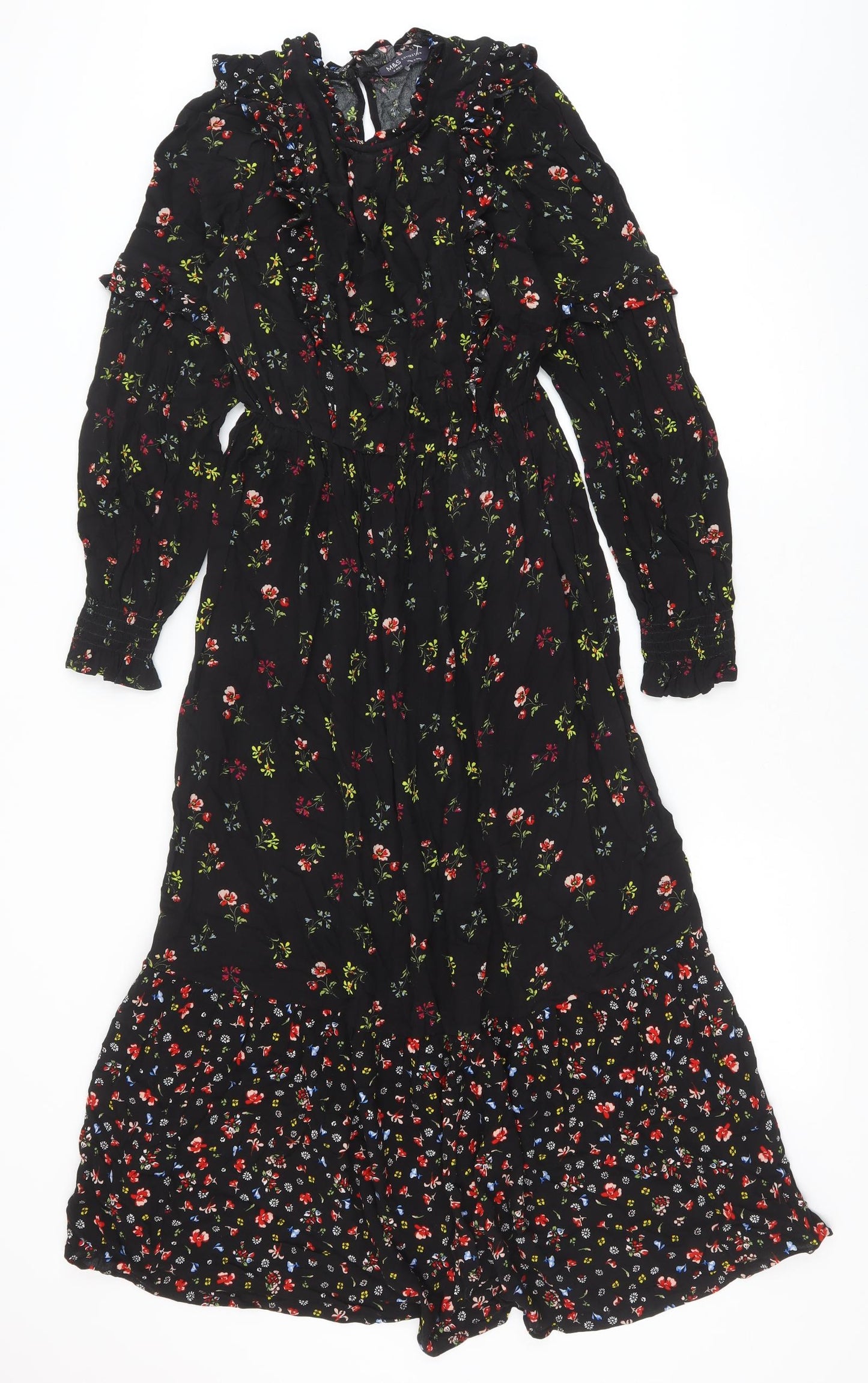 Marks and Spencer Womens Black Floral Viscose A-Line Size 8 Round Neck Button