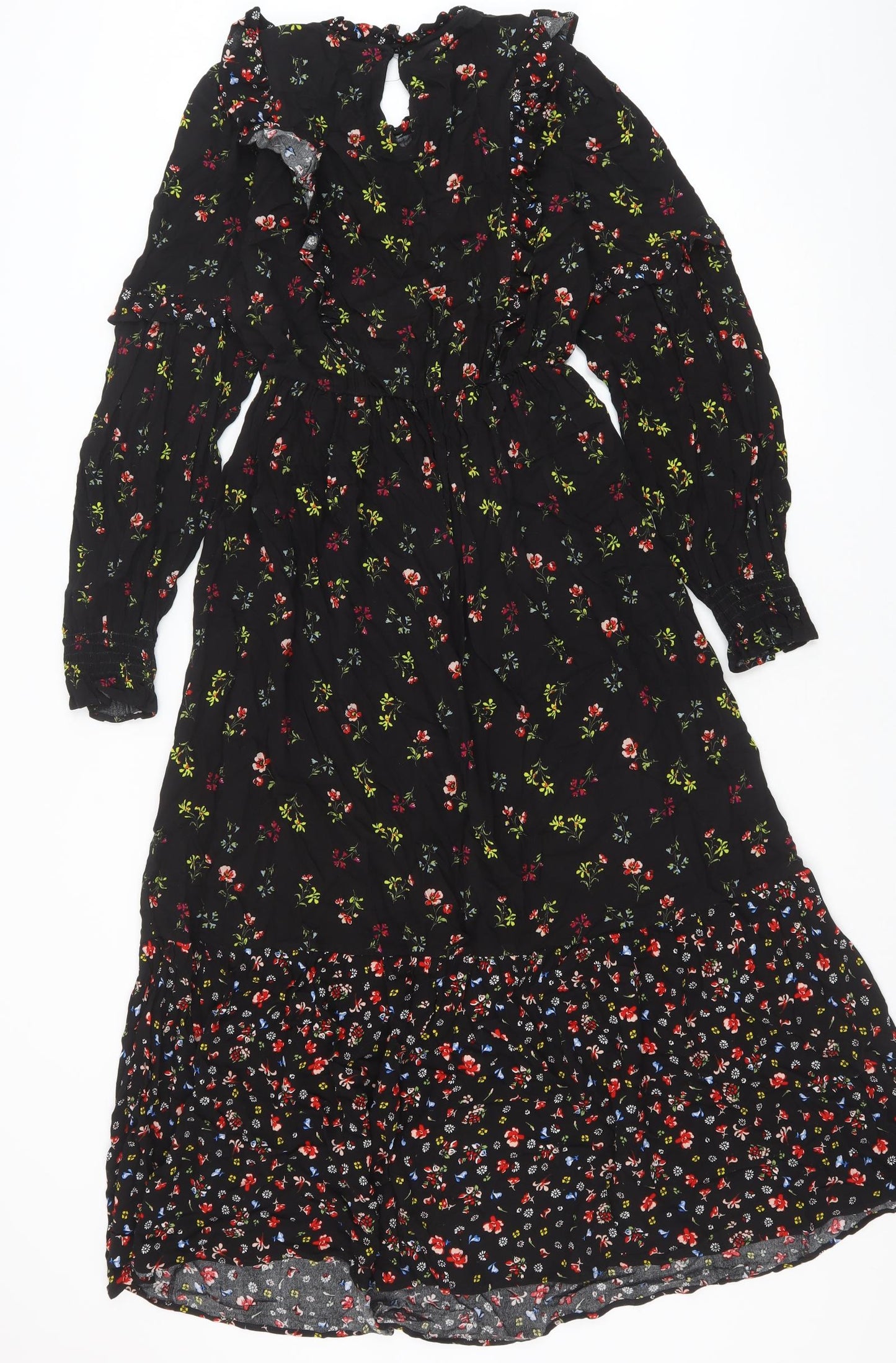 Marks and Spencer Womens Black Floral Viscose A-Line Size 8 Round Neck Button