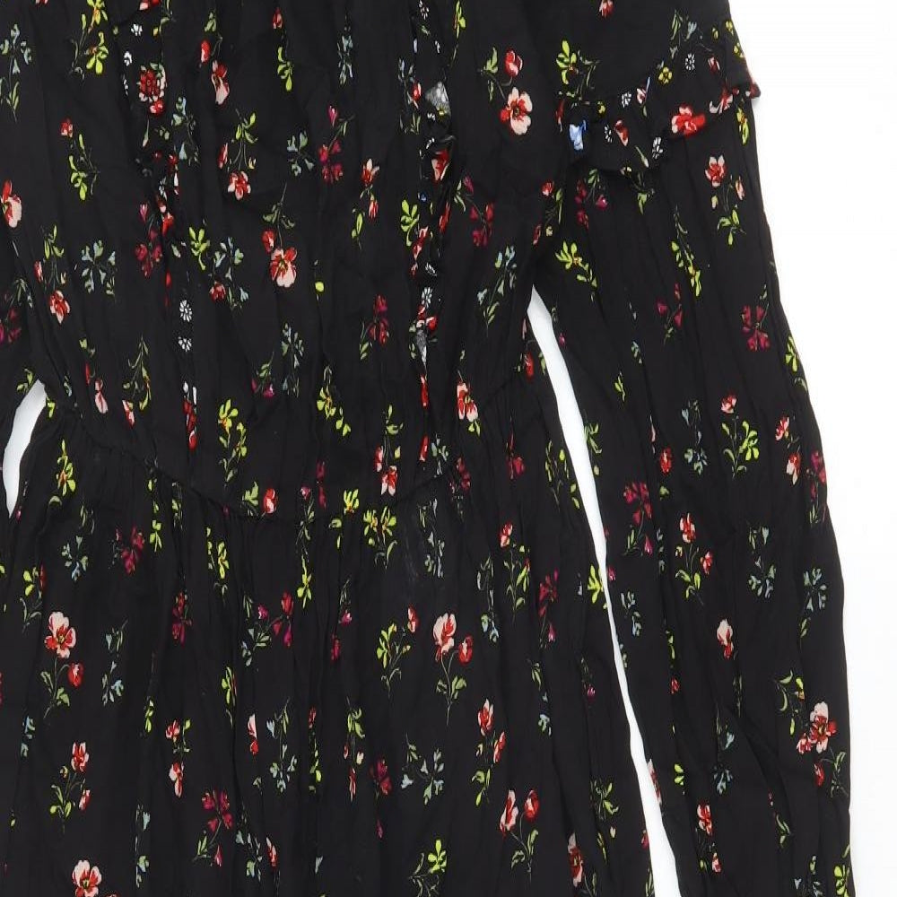 Marks and Spencer Womens Black Floral Viscose A-Line Size 8 Round Neck Button
