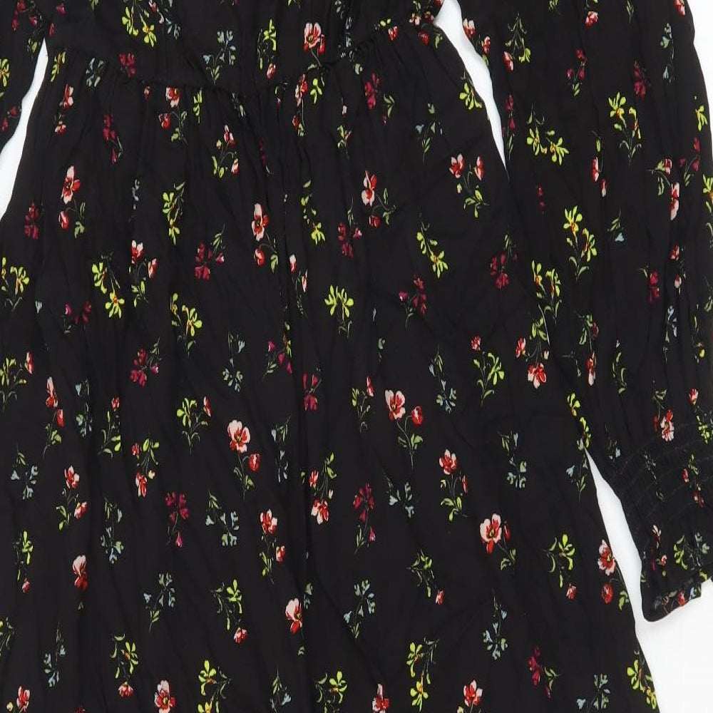 Marks and Spencer Womens Black Floral Viscose A-Line Size 8 Round Neck Button