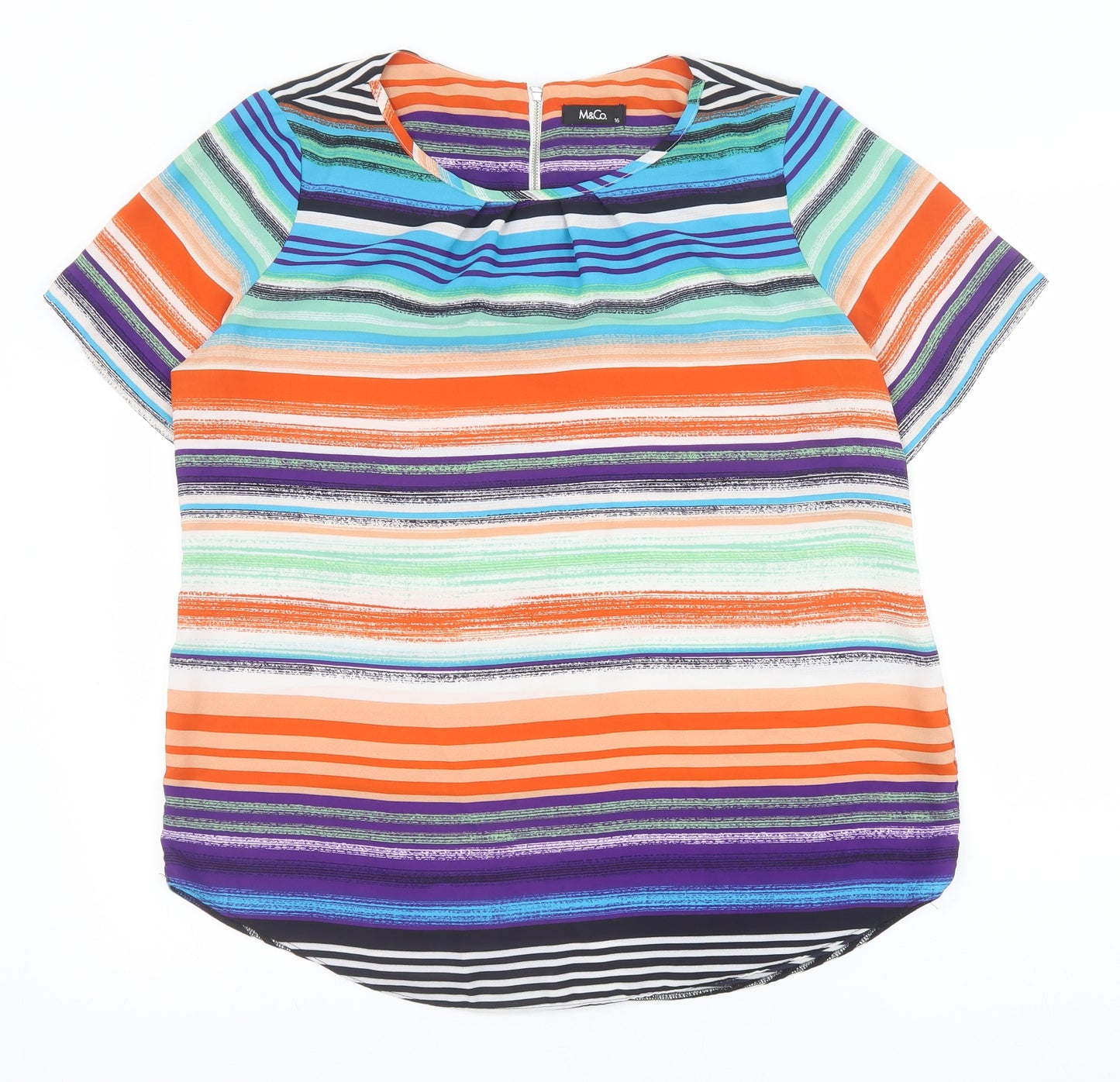 M&Co Womens Multicoloured Striped Polyester Basic Blouse Size 16 Round Neck