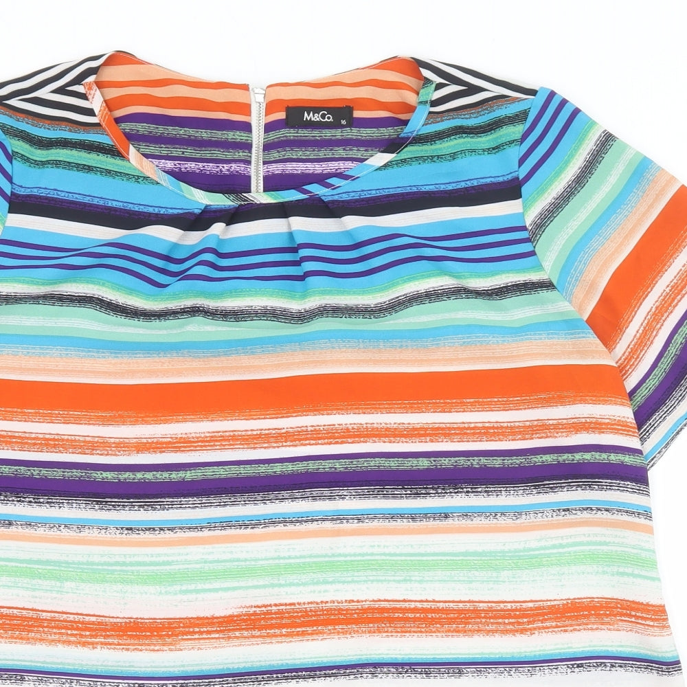 M&Co Womens Multicoloured Striped Polyester Basic Blouse Size 16 Round Neck