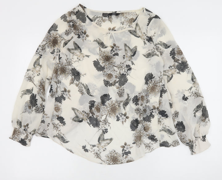 F&F Womens Ivory Floral Polyester Basic Blouse Size 6 Round Neck