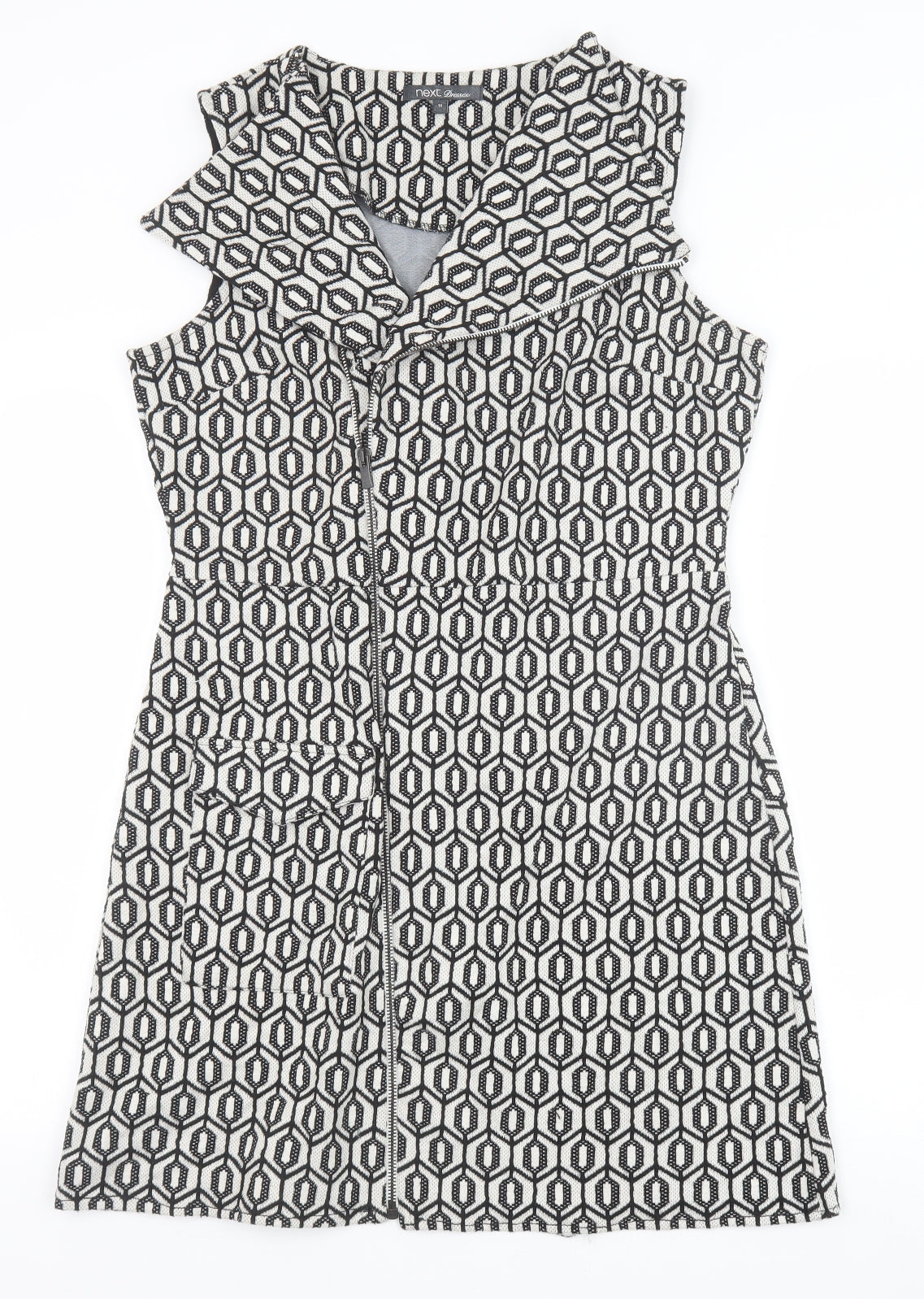 NEXT Womens Black Geometric Polyester A-Line Size 14 Collared Zip