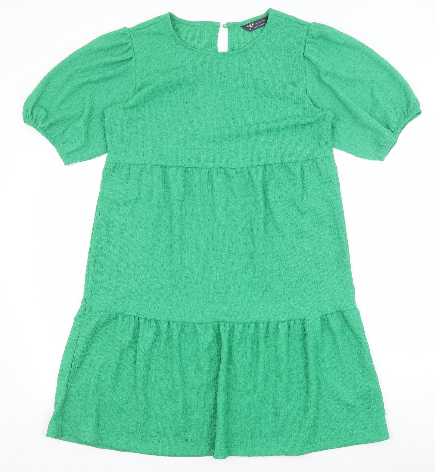 Marks and Spencer Womens Green Polyester A-Line Size 12 Scoop Neck Button - Puff Sleeve Tiered