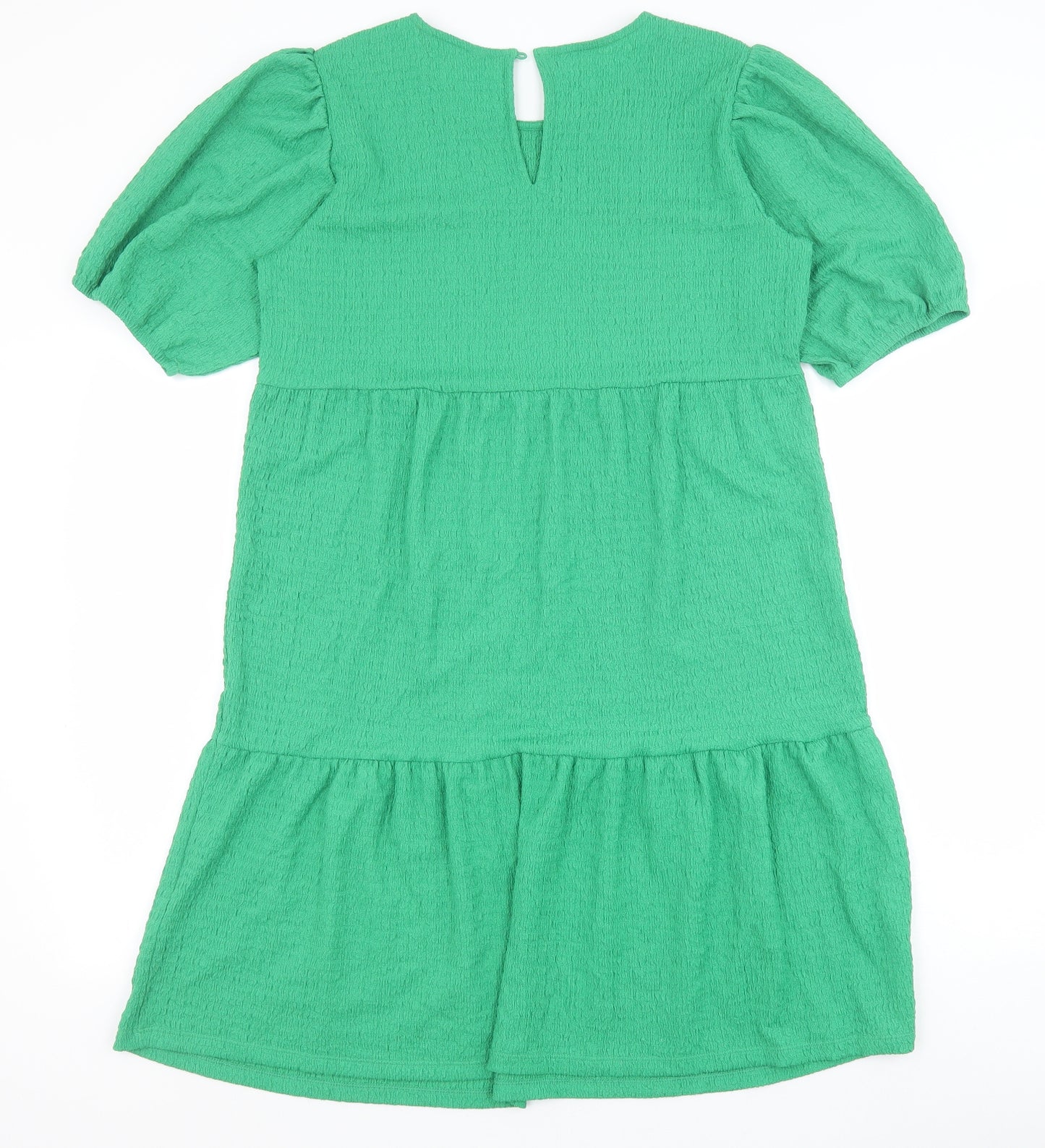 Marks and Spencer Womens Green Polyester A-Line Size 12 Scoop Neck Button - Puff Sleeve Tiered
