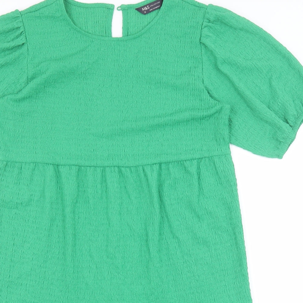 Marks and Spencer Womens Green Polyester A-Line Size 12 Scoop Neck Button - Puff Sleeve Tiered