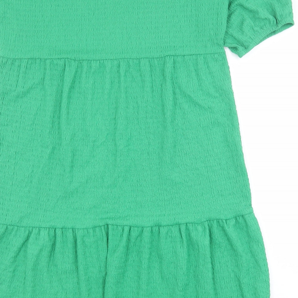 Marks and Spencer Womens Green Polyester A-Line Size 12 Scoop Neck Button - Puff Sleeve Tiered